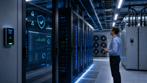Modern data center with server racks, access control, compliance dashboard, and technician inspecting secure infrastructure