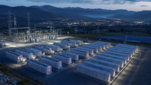 Large battery energy storage facility connected to an electrical substation and solar farm, overlooking a mountain valley at dusk.