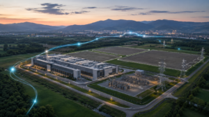 Alt text: Aerial view of a modern data center campus connected to electrical substations, power lines and future expansion land, with glowing digital network paths across a mountain valley at dusk.