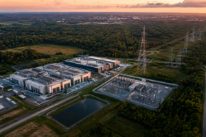 Alt text: Aerial view of a modern data center campus beside electrical substations and high-voltage power lines, surrounded by forest and open land at sunset.