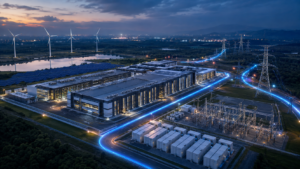Modern AI data centre campus connected to substations, battery storage, solar panels and wind turbines, with glowing power lines showing energy flow at dusk.