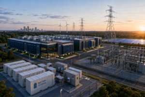 Modern data centre campus with battery storage containers, electrical substations, solar panels and wind turbines connected by high-voltage power lines at sunset.