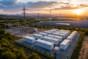 Aerial view of a battery storage facility connected to electrical substations, power lines, solar panels and wind turbines in a green landscape at sunset.