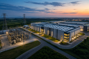 Aerial view of a modern data center campus with electrical substations, transmission towers, rooftop cooling systems and surrounding green landscape at dusk.