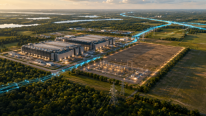 Aerial view of a large data center campus beside powered land, electrical substations and high-voltage transmission lines, with glowing fiber and energy routes across the landscape.