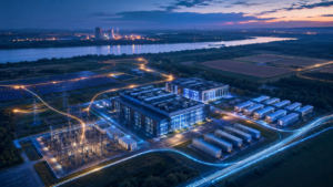 Creative aerial view of a data centre campus linked to solar fields, battery storage, substations and the Kozloduy nuclear plant by glowing energy paths at twilight.