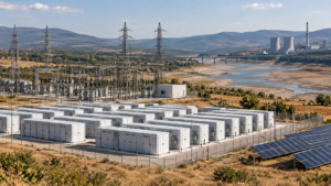 Utility-scale battery storage facility connected to the power grid, with solar panels, transmission lines and energy infrastructure in Bulgaria.