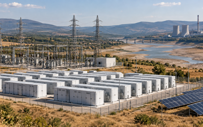 Utility-scale battery storage facility connected to the power grid, with solar panels, transmission lines and energy infrastructure in Bulgaria.