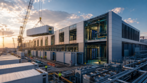 Powered shell data center construction with modular infrastructure, cooling systems and electrical equipment designed for faster project delivery.