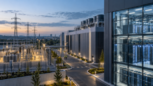 Modern European data center campus illustrating data center trends in 2026, with power infrastructure, cooling systems and high-density server racks.