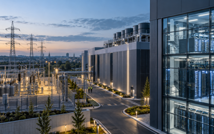 Modern European data center campus illustrating data center trends in 2026, with power infrastructure, cooling systems and high-density server racks.