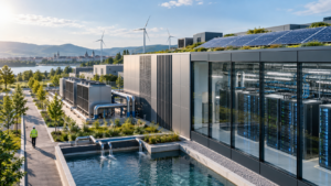 Energy and water efficiency at a modern data center with server racks, cooling systems, solar panels, wind turbines and sustainable infrastructure.