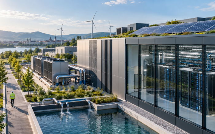 Energy and water efficiency at a modern data center with server racks, cooling systems, solar panels, wind turbines and sustainable infrastructure.